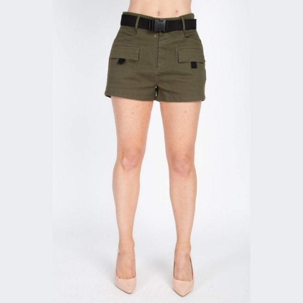 Women's Olive Belted High Waist Cargo Shor…